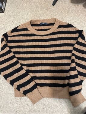 Zara Tan and Black Horizontal Stripe Crewneck Sweater